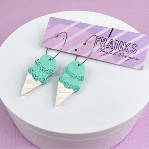 Festive Ice Cream Cones Handmade Polymer Clay Dangle Hoop Earrings